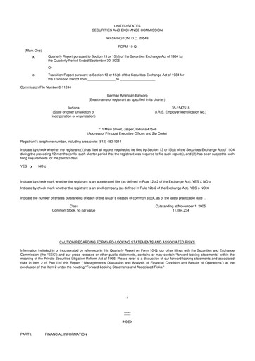 Thumbnail German American Bancorp 10-Q Quarterly Report FY 
