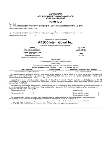 Miniature WESCO International
 10-Q Rapport trimestriel  