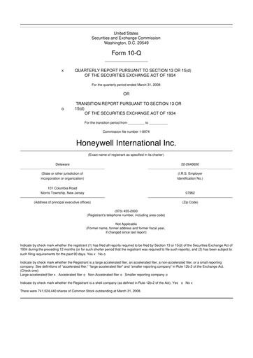Thumbnail Honeywell 10-Q Quarterly Report FY 