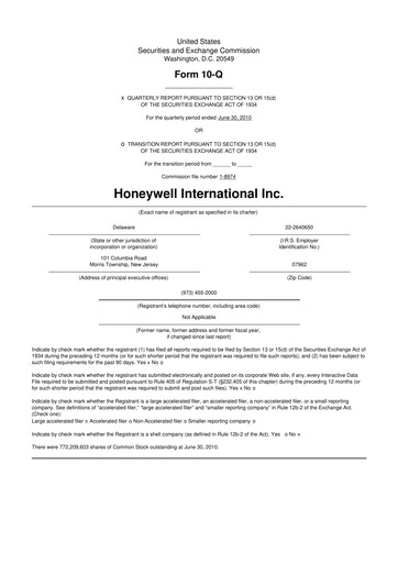 Thumbnail Honeywell 10-Q Quarterly Report FY 