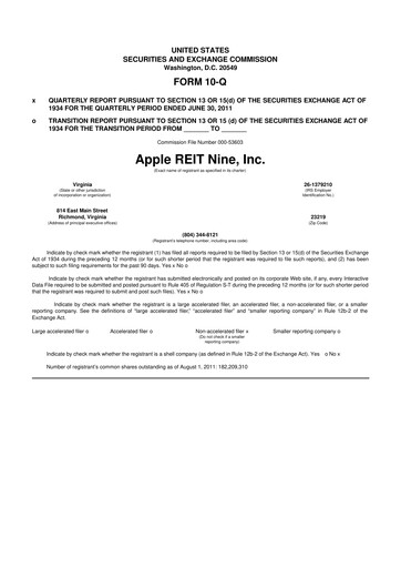 Thumbnail Apple Hospitality REIT
 10-Q Quarterly Report FY2011 