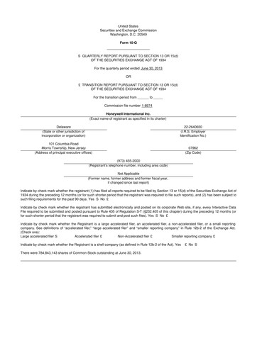 Thumbnail Honeywell 10-Q Quarterly Report FY2013 