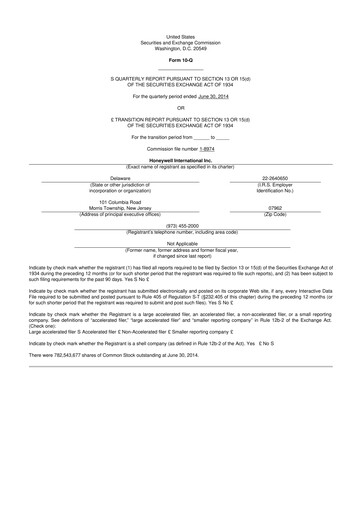 Thumbnail Honeywell 10-Q Quarterly Report FY2014 