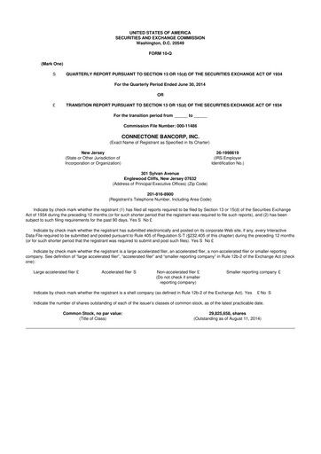 Miniature ConnectOne Bancorp 10-Q Rapport trimestriel 2014 