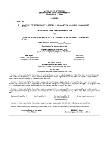 Miniature ConnectOne Bancorp 10-Q Rapport trimestriel 2014 