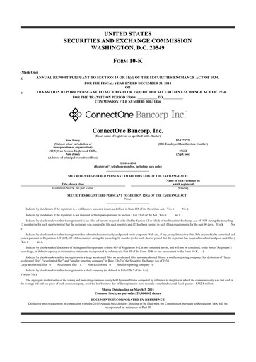 Miniature ConnectOne Bancorp 10-K Rapport annuel 2014