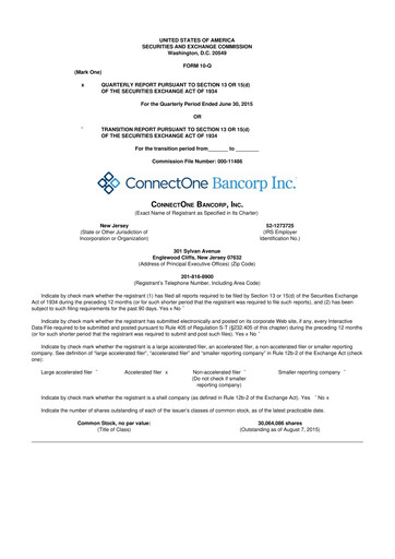 Miniature ConnectOne Bancorp 10-Q Rapport trimestriel 2015 