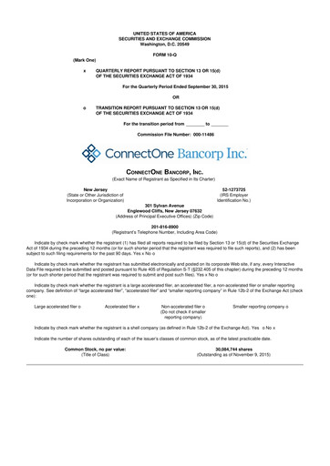 Miniature ConnectOne Bancorp 10-Q Rapport trimestriel 2015 