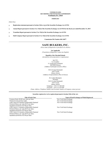 Miniature Safe Bulkers
 20-F Rapport annuel 2015