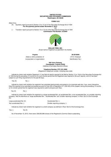 Thumbnail Dollar Tree 10-Q Quarterly Report FY 