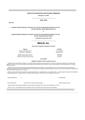 Thumbnail MetLife 10-Q Quarterly Report FY2015 
