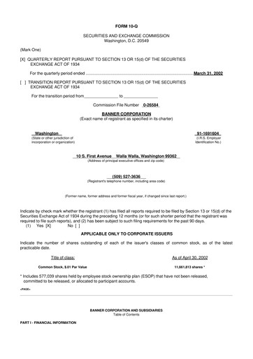 Thumbnail Banner Bank
 10-Q Quarterly Report FY 