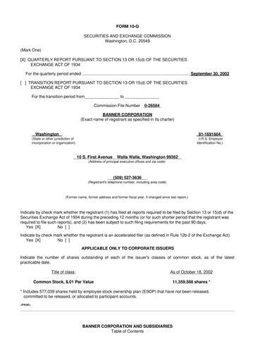 Thumbnail Banner Bank
 10-Q Quarterly Report FY 