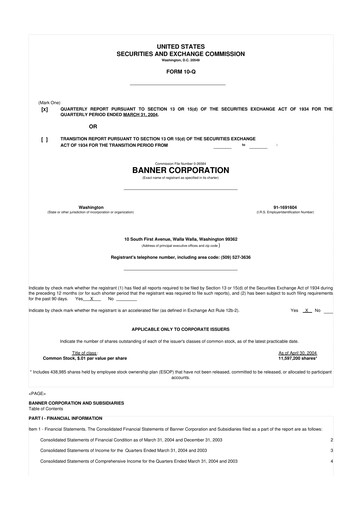 Thumbnail Banner Bank
 10-Q Quarterly Report FY 