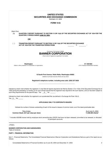 Thumbnail Banner Bank
 10-Q Quarterly Report FY 