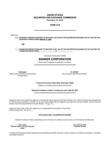 Thumbnail Banner Bank
 10-Q Quarterly Report FY 