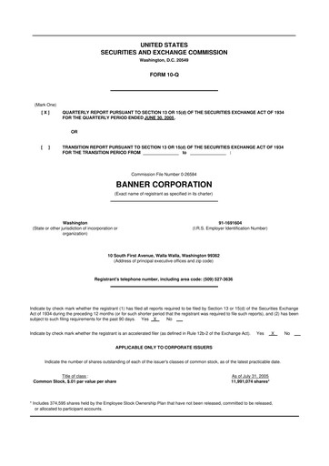 Thumbnail Banner Bank
 10-Q Quarterly Report FY 