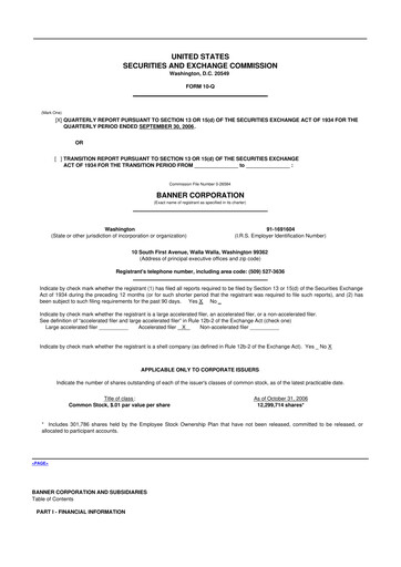 Thumbnail Banner Bank
 10-Q Quarterly Report FY 