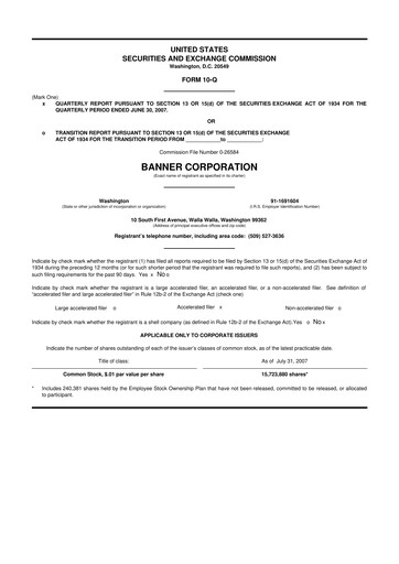 Thumbnail Banner Bank
 10-Q Quarterly Report FY 