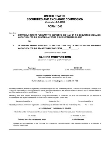 Thumbnail Banner Bank
 10-Q Quarterly Report FY 