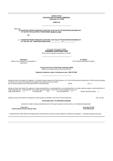 Thumbnail Banner Bank
 10-Q Quarterly Report FY 