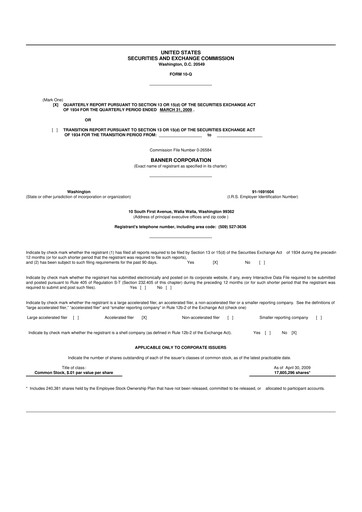 Thumbnail Banner Bank
 10-Q Quarterly Report FY 