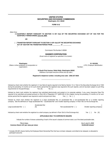 Thumbnail Banner Bank
 10-Q Quarterly Report FY 
