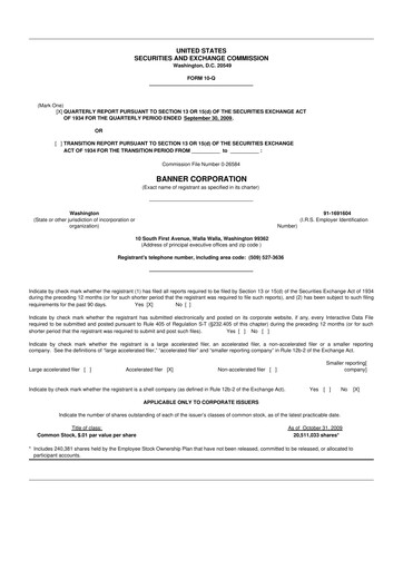 Thumbnail Banner Bank
 10-Q Quarterly Report FY 