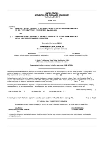 Thumbnail Banner Bank
 10-Q Quarterly Report FY 