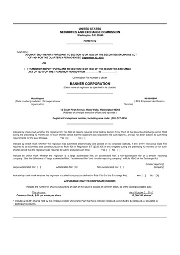 Thumbnail Banner Bank
 10-Q Quarterly Report FY 