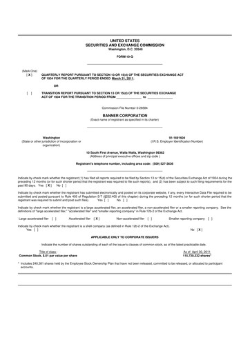 Thumbnail Banner Bank
 10-Q Quarterly Report FY 