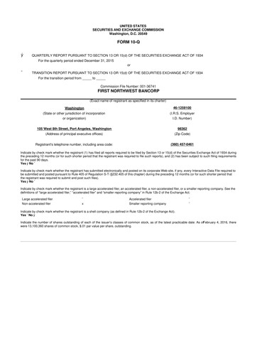Thumbnail First Northwest Bancorp 10-Q Quarterly Report FY2016 