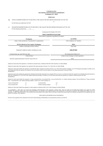 Vorschaubild First Northwest Bancorp 10-K Jahresbericht 2016