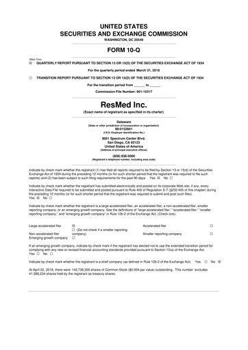 Miniature ResMed 10-Q Rapport trimestriel 2018 