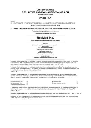 Miniature ResMed 10-Q Rapport trimestriel 2019 