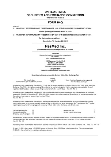 Miniature ResMed 10-Q Rapport trimestriel 2019 