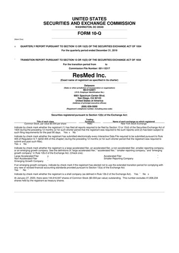 Miniature ResMed 10-Q Rapport trimestriel 2020 