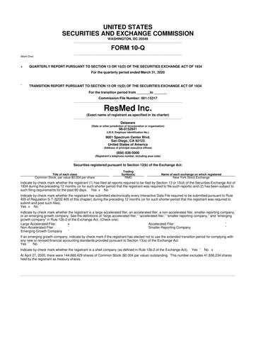 Miniature ResMed 10-Q Rapport trimestriel 2020 