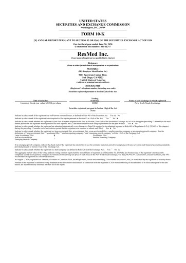 Miniature ResMed 10-K Rapport annuel 2020