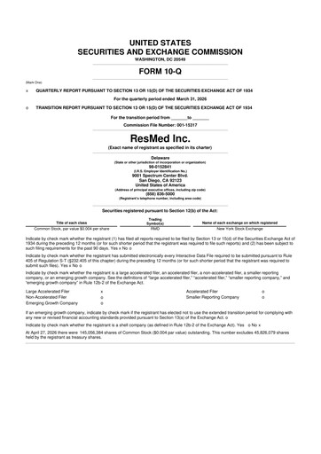 Thumbnail ResMed 10-Q Quarterly Report FY 