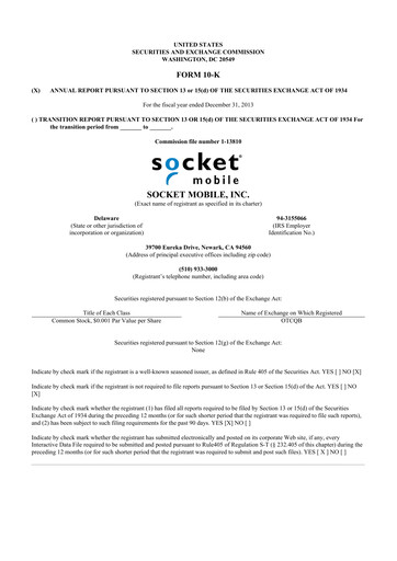 Thumbnail Socket Mobile 10-K Annual Report 2013