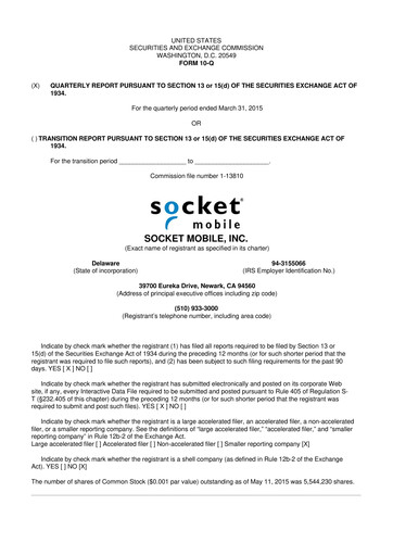 Thumbnail Socket Mobile 10-Q Quarterly Report FY2015 