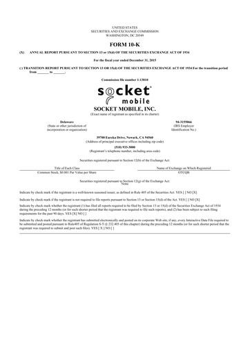 Thumbnail Socket Mobile 10-K Annual Report 2015