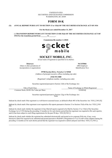 Thumbnail Socket Mobile 10-K Annual Report 2017