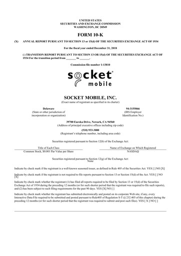 Thumbnail Socket Mobile 10-K Annual Report 2018
