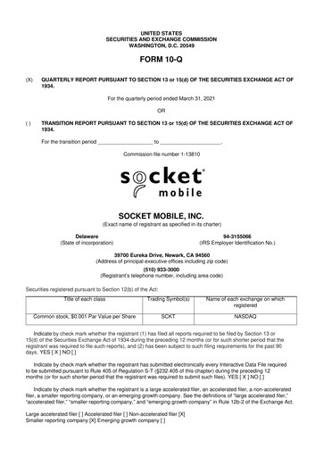 Thumbnail Socket Mobile 10-Q Quarterly Report FY2021 