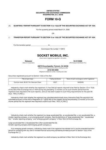Thumbnail Socket Mobile 10-Q Quarterly Report FY 