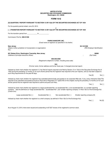 Thumbnail Parke Bancorp 10-Q Quarterly Report FY 