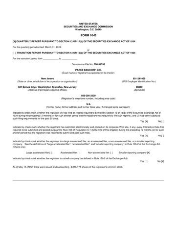 Thumbnail Parke Bancorp 10-Q Quarterly Report FY2012 
