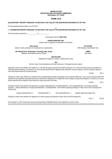 Thumbnail Parke Bancorp 10-Q Quarterly Report FY 